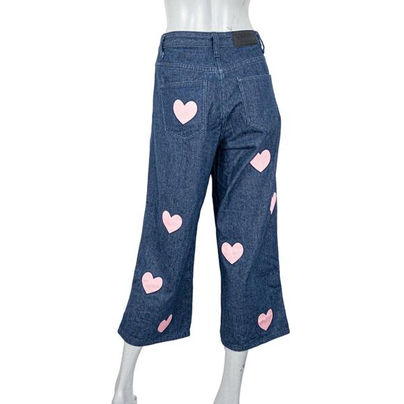LAZY OAF Women's wide leg Pink Hearts Cut out Denim Jeans Size 26 - Picture 4 of 11